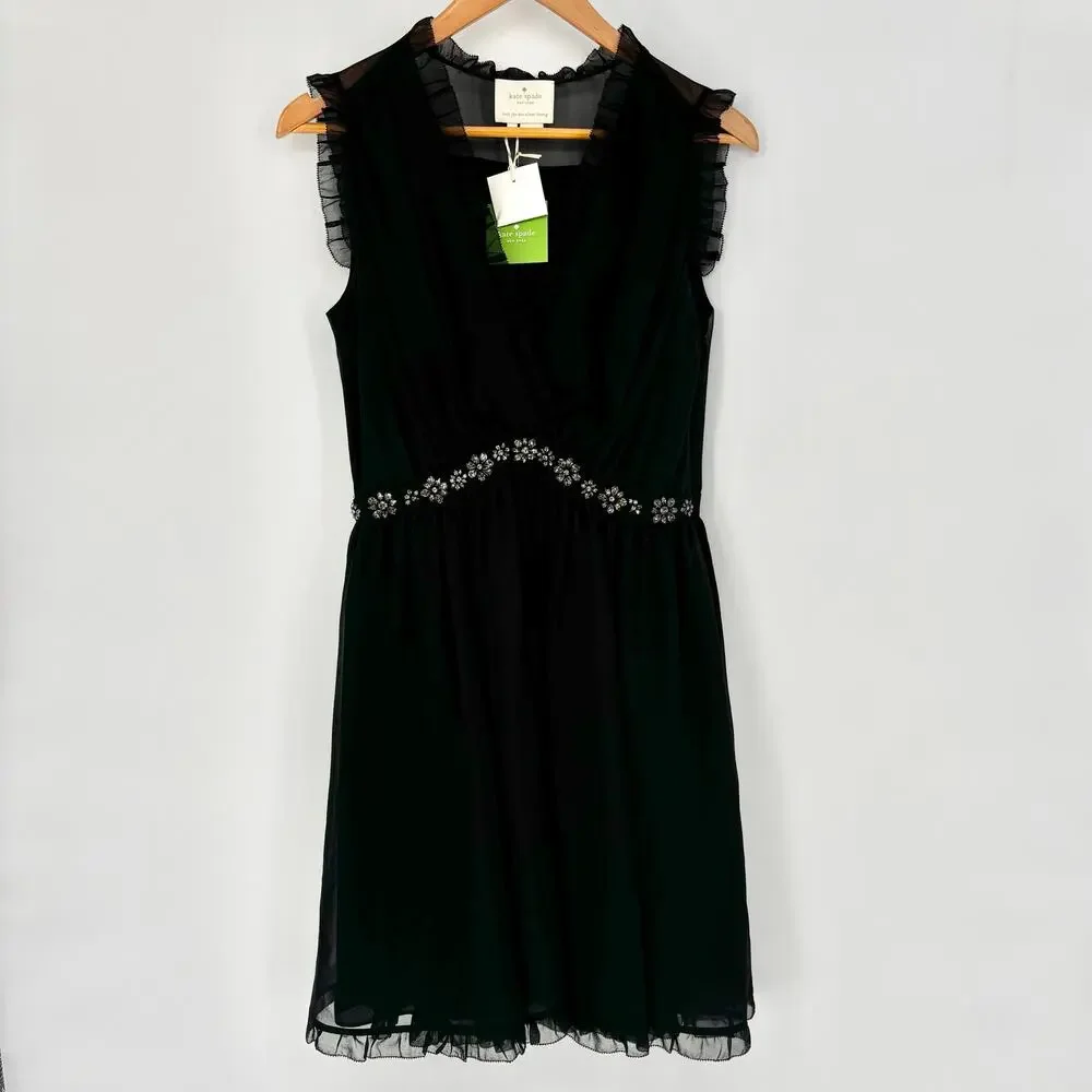 NWT Kate Spade Black Chiffon Embellished Mini Dress Size 6